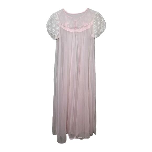 Vintage Pink Chiffon And Lace Peignoir Robe Babydoll Open Front Fairy Sleepwear - Picture 3 of 5